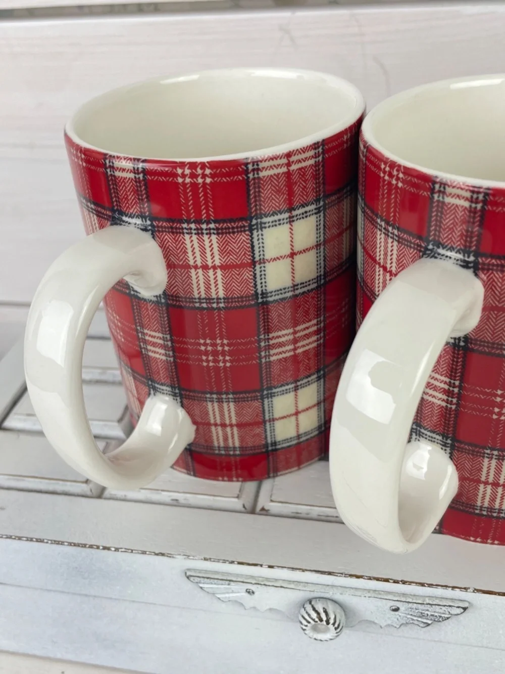 Pottery Barn Red Plaid Flannel Winter Christmas Ceramic Coffee Mugs - Pair